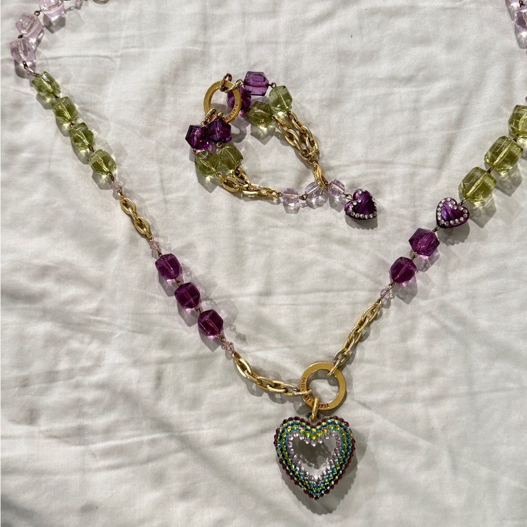 Tarina Tarintino Gold Green And Purple Heart Pendant Necklace And Bracelet Set